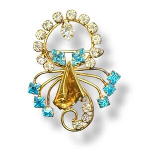 DeCurtis Brooch Pendant  1/20 GF Yellow Gold Filled Crystals Blue Vintage Signed